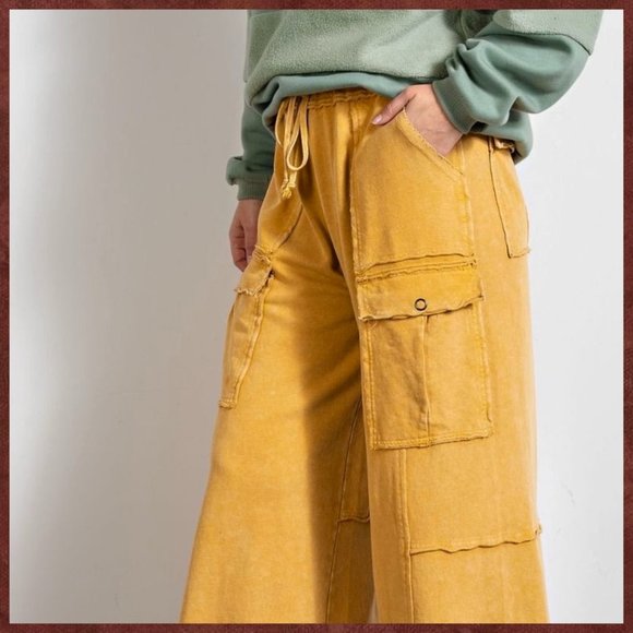 EASEL “Feeling Good Cargos” Mineral Washed Flared Leg, Raw Seams & Hems, Pockets - Picture 8 of 12